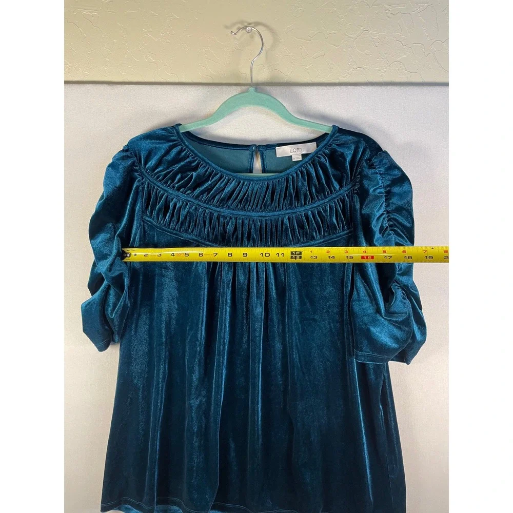 LOFT Teal Velvet Pleated Bib Puff Sleeve Top XL Blue Holiday Evening Blouse